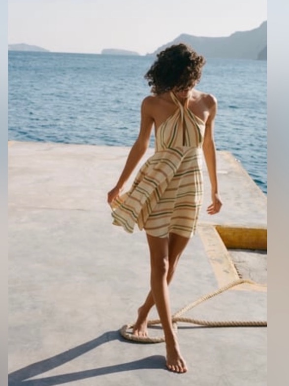 Zara Halter Mini Dress In A Yellowish Cream With Green And Beige Stripes